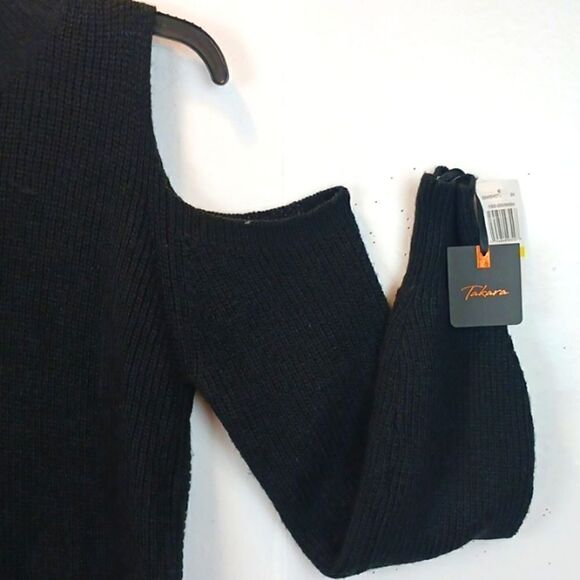 Takara black sexy cold shoulder long-sleeve open back mock neck sweater - Picture 3 of 10